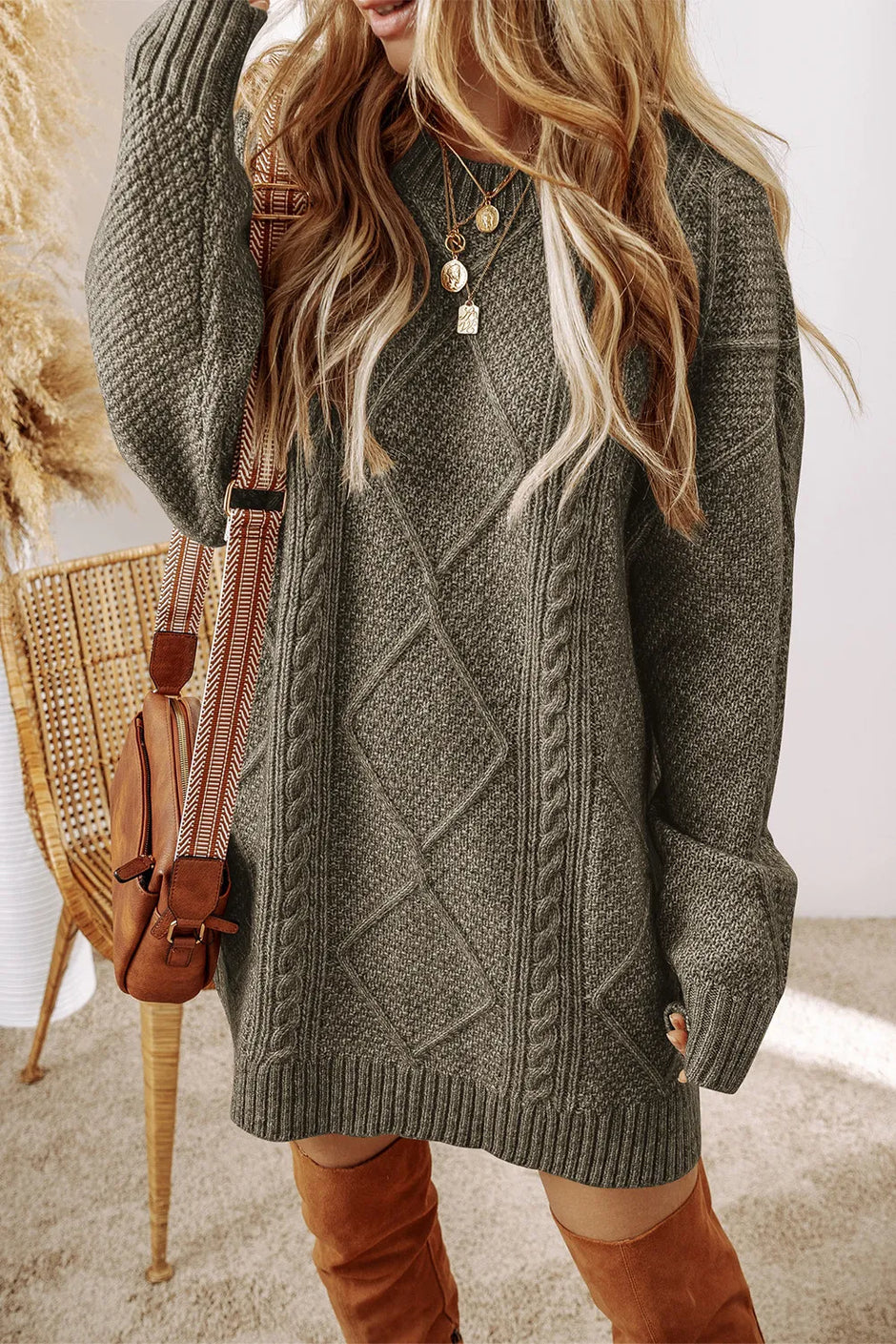Cable-Knit Round Neck Sweater Dress - SwagglyLife Home & Fashion